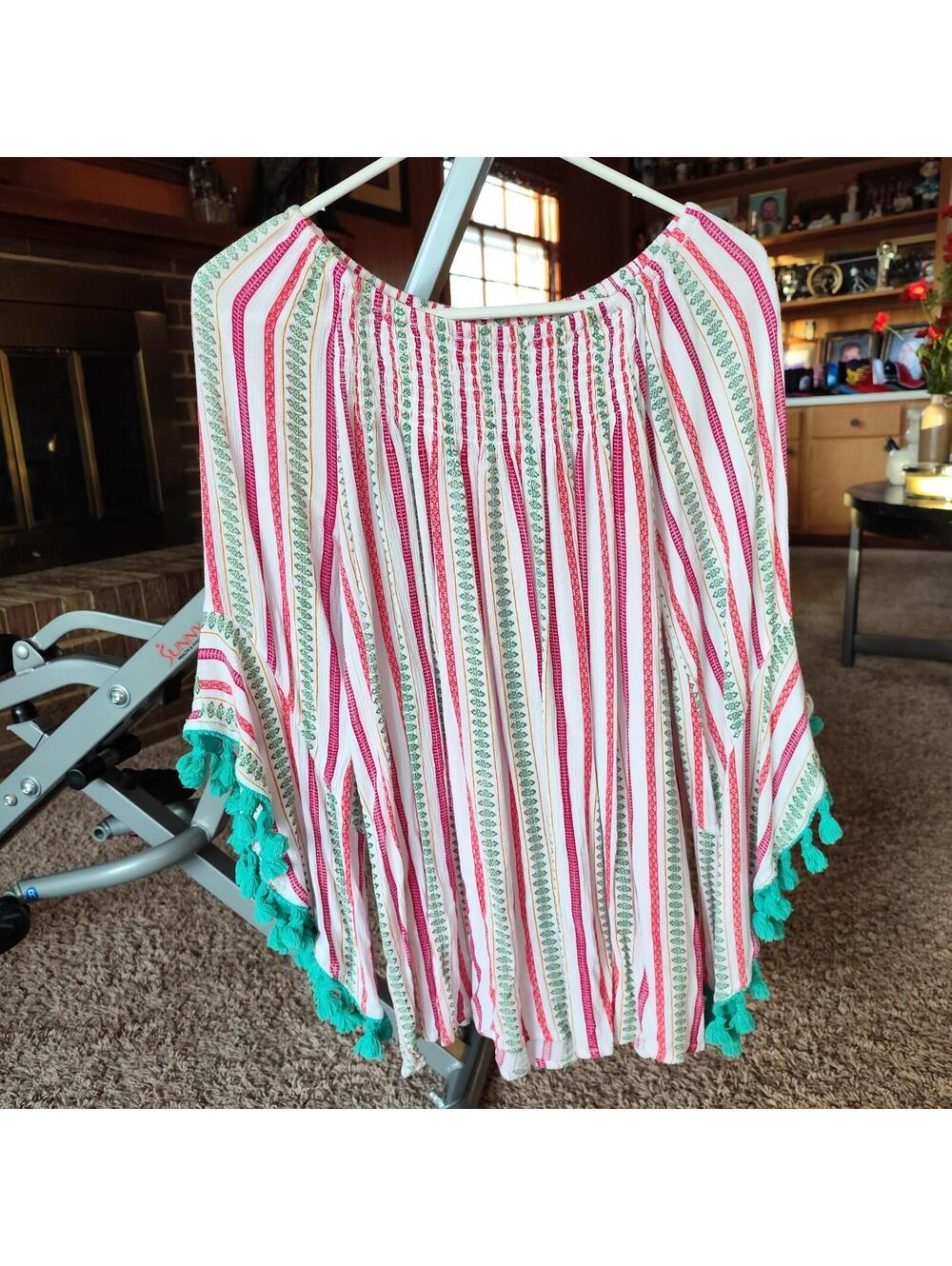 Studio West Apparel Peasant Boho Tassel Sleeve Tunic Top Striped Rayon SMALL